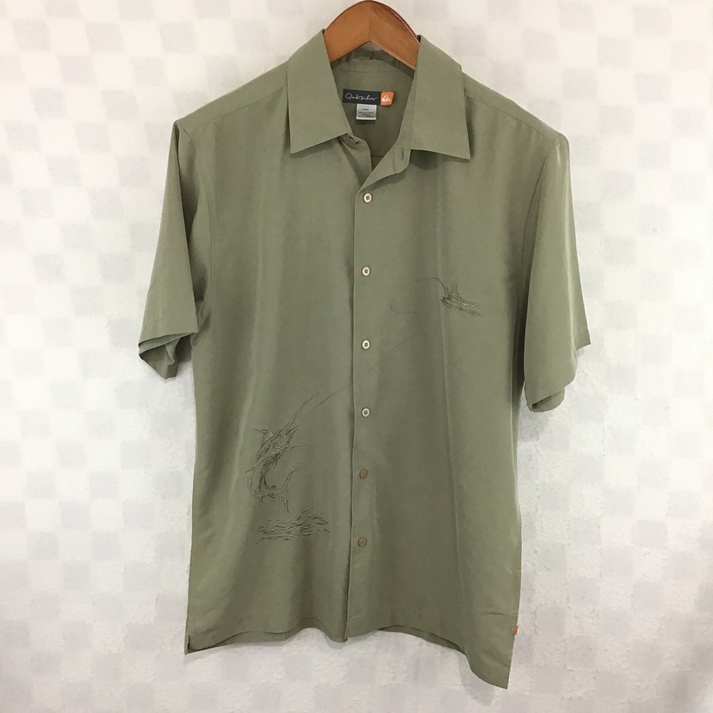 Quiksilver Mens Olive Green Marlin Fishing Embroidered Button Down Shirt Medium